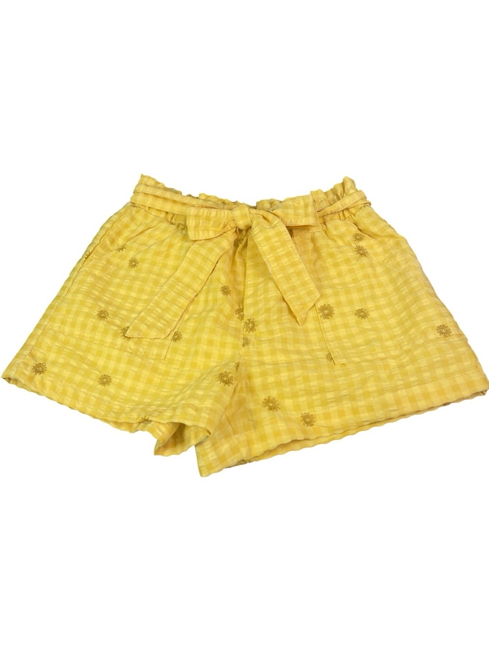 Time and Tru Yellow Gingham Paperbag Waist Embroidered Shorts